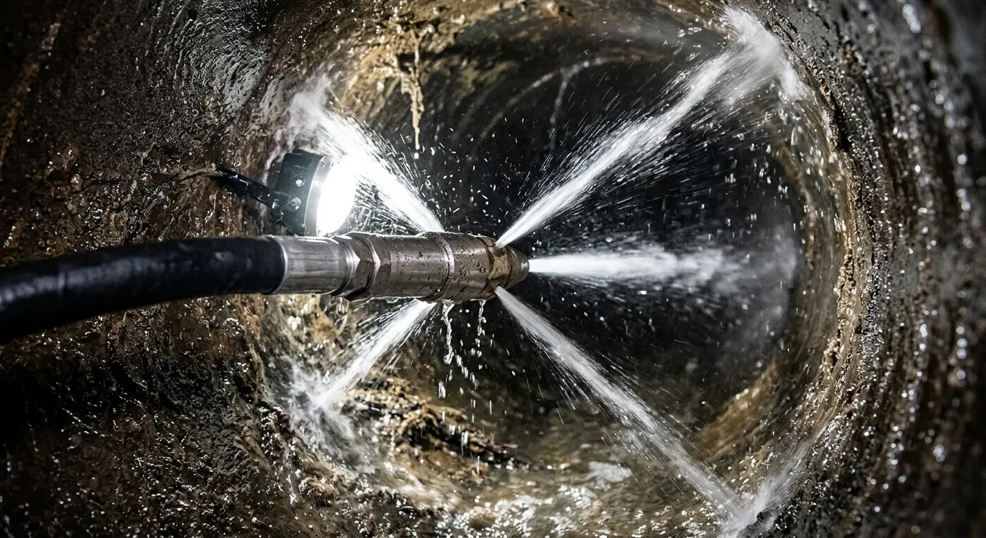 High-pressure hydro jetting nozzle cleaning sewer pipe for Trenchless Sewer Repair in Midland Park