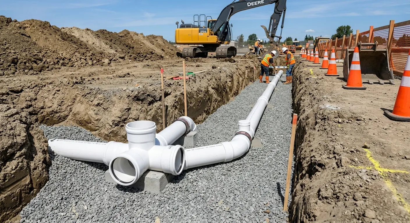 New PVC sewer pipe installation in open trench for Sewer Backup in Midland Park