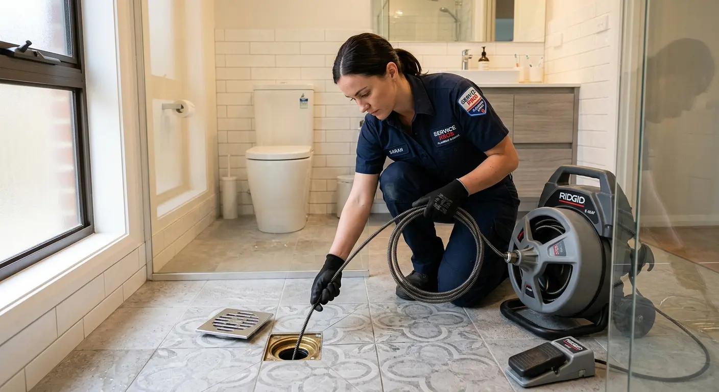 Technician clearing a bathroom floor drain for Sewer Line Replacement in Midland Park